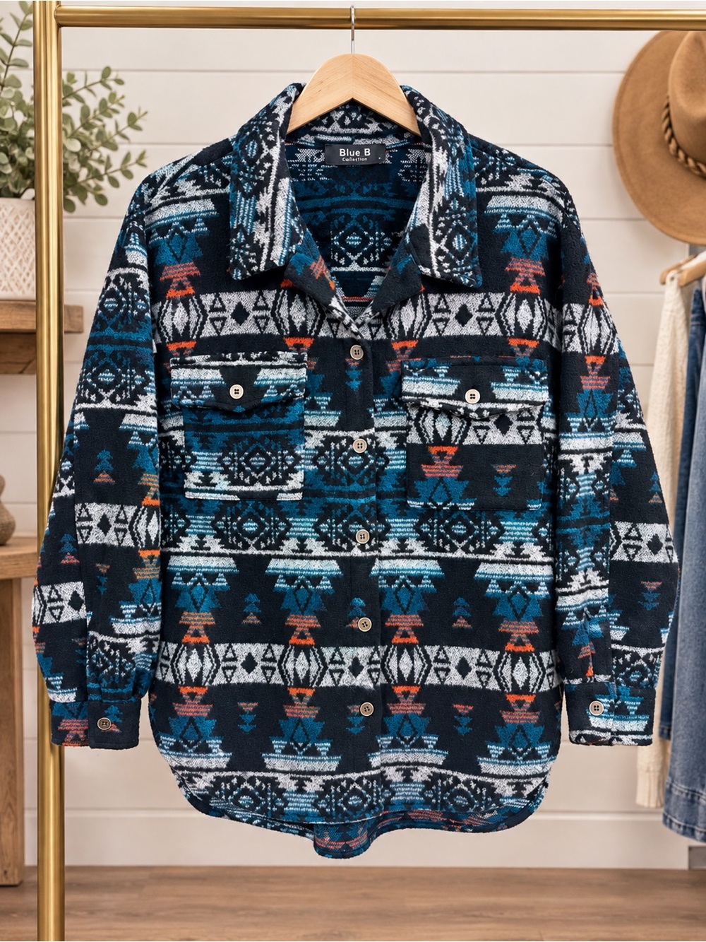 Blue B Patterned Women's Aztec Western Button-Down Jacket in Teal & Black